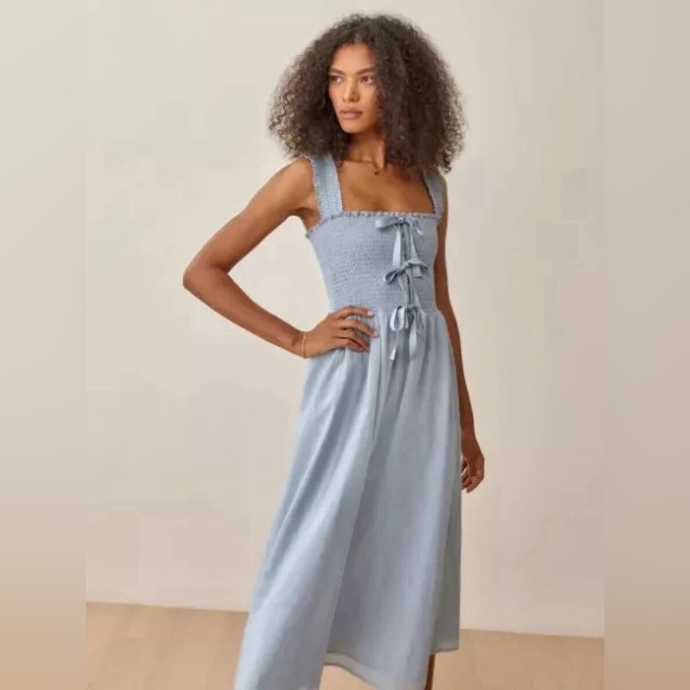 Reformation Light Blue Smocked Midi Dress
